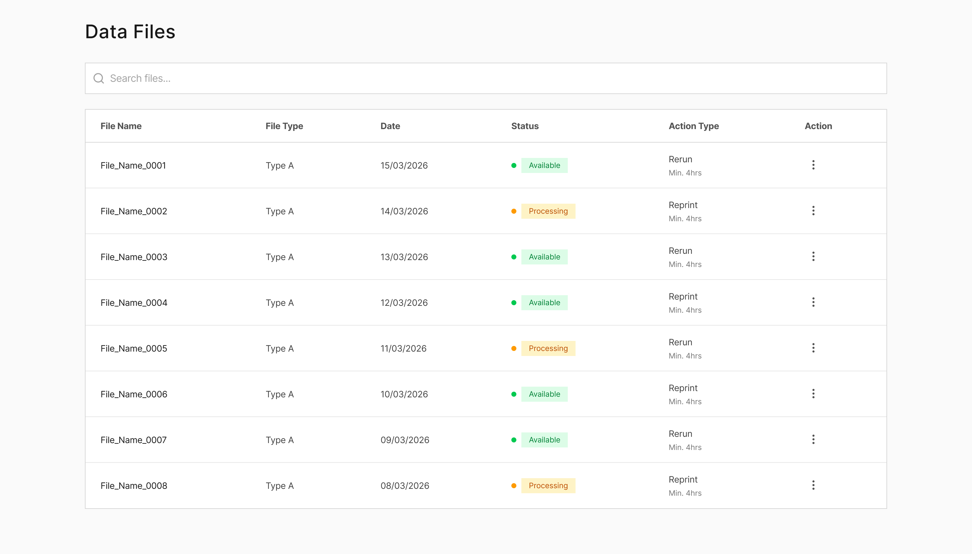 Self service platform screen 1 — entry point data file list