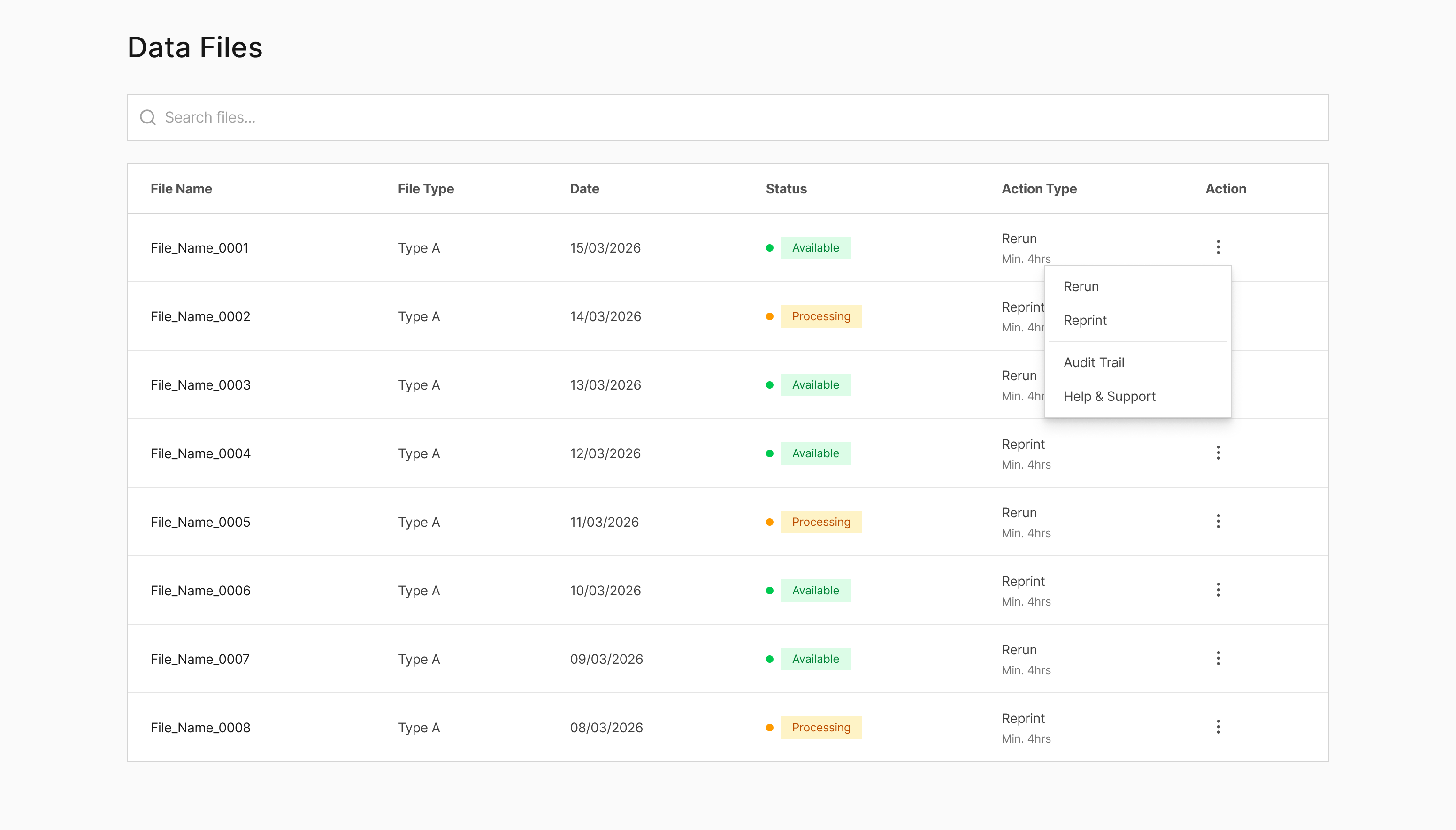 Self service platform screen 2 — action menu expanded