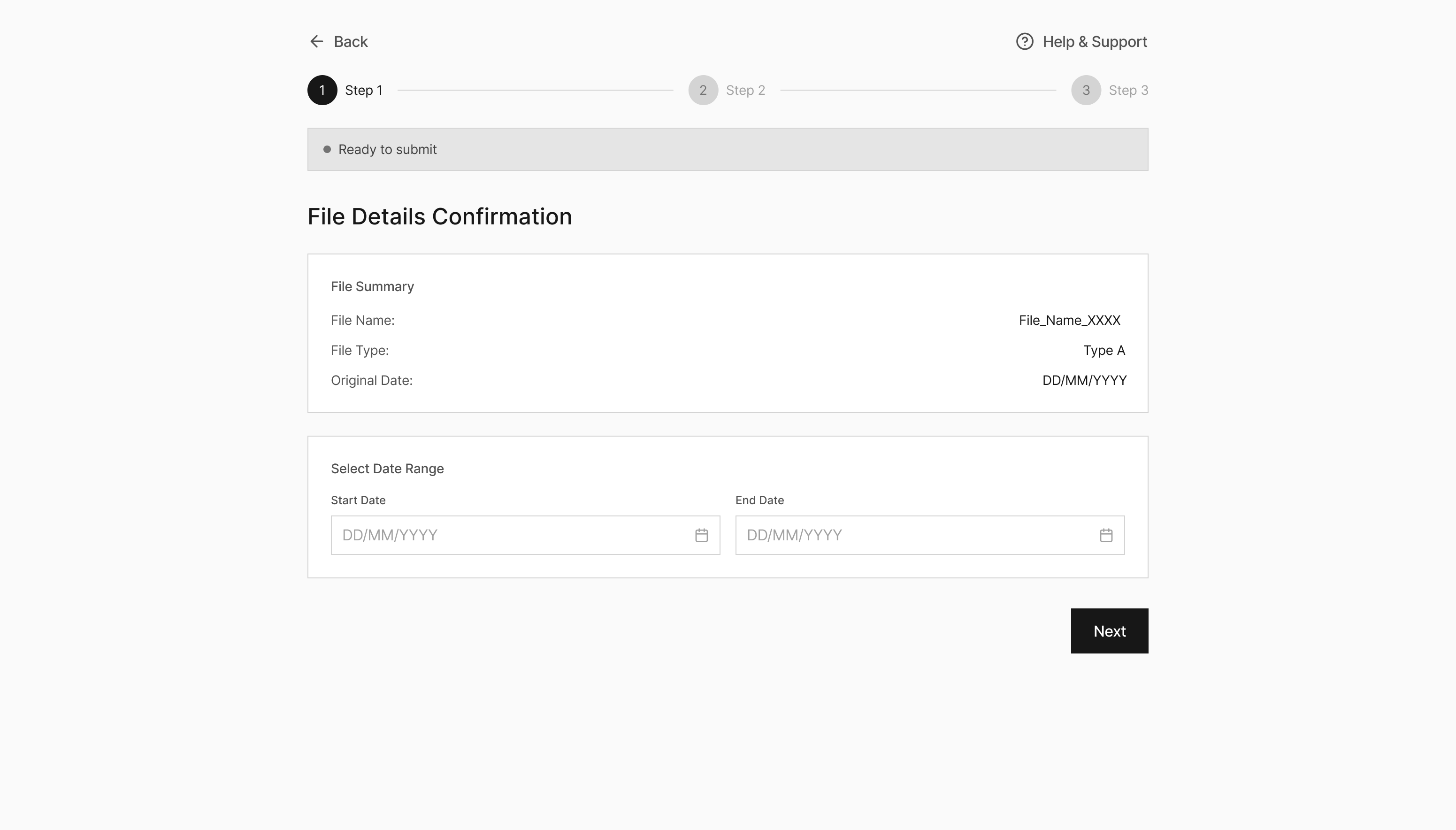 Self service platform screen 3 — step 1 date range selection