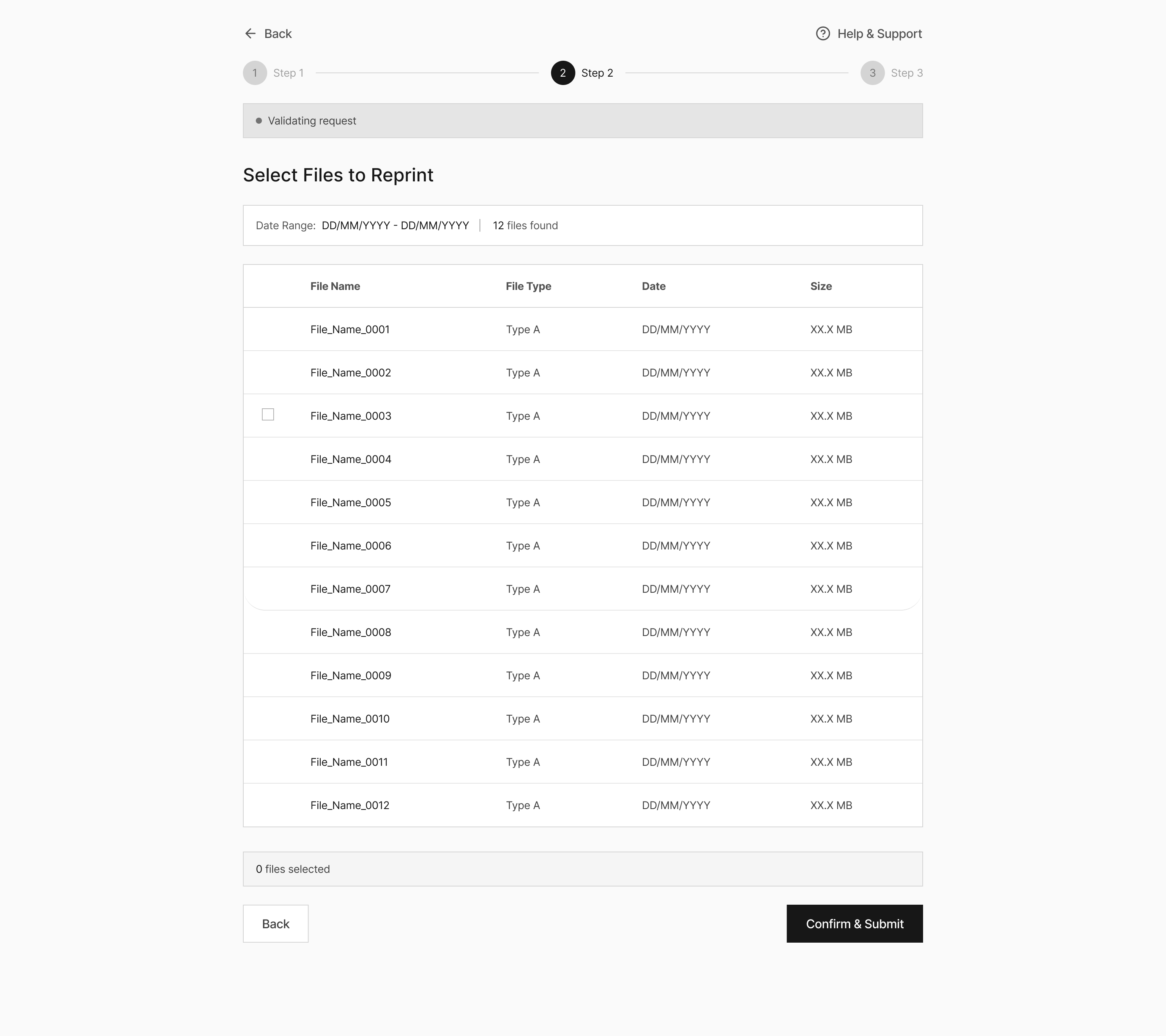Self service platform screen 4 — step 2 file selection