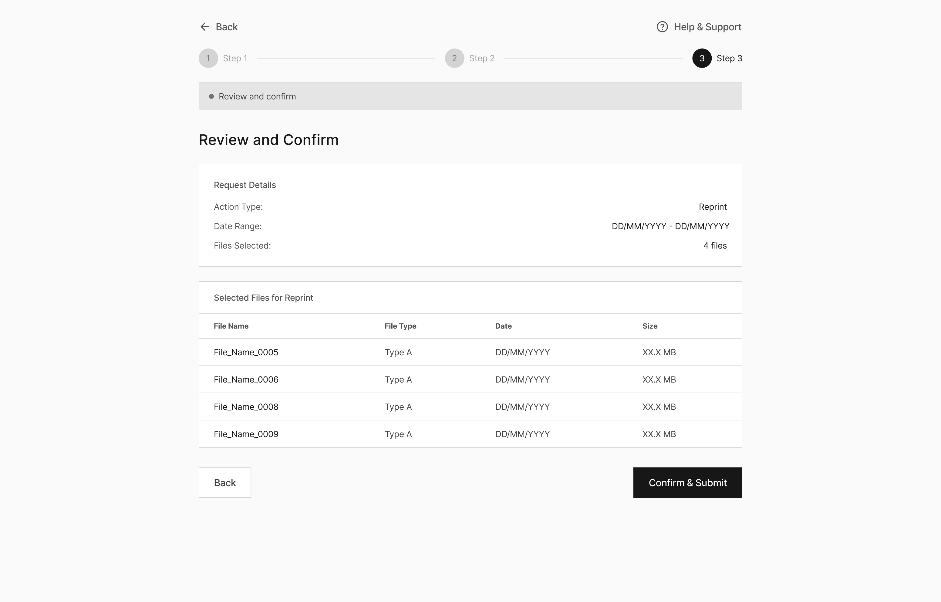 Self service platform screen 5 — step 3 review and submit